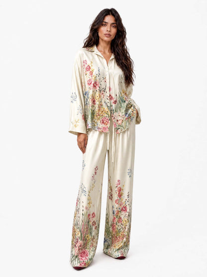 Elegant Floral Print Satin Shirt & Wide Leg Pants Set