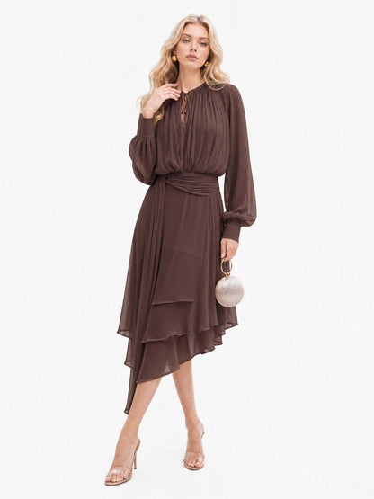 Asymmetrical Hem Long Sleeve Chiffon Midi Dress