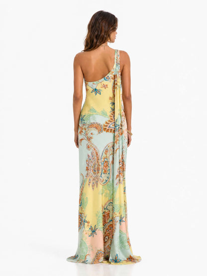Elegant Bohemian Paisley Printed Satin Maxi Dress