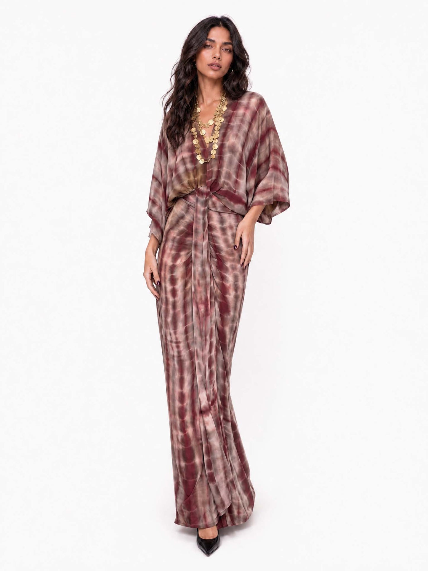 V-Neck Printed Slit Streamer Design Maxi Dress