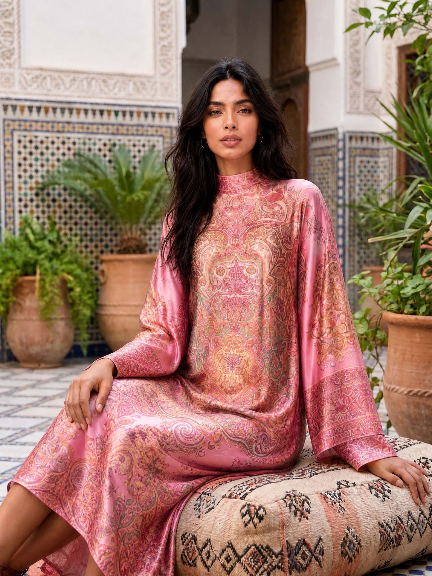 Retro Paisley Print Round Neck Flared Sleeve Midi Dress