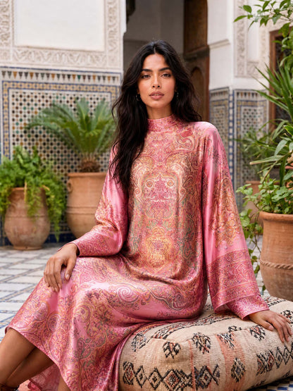 Retro Paisley Print Round Neck Flared Sleeve Midi Dress