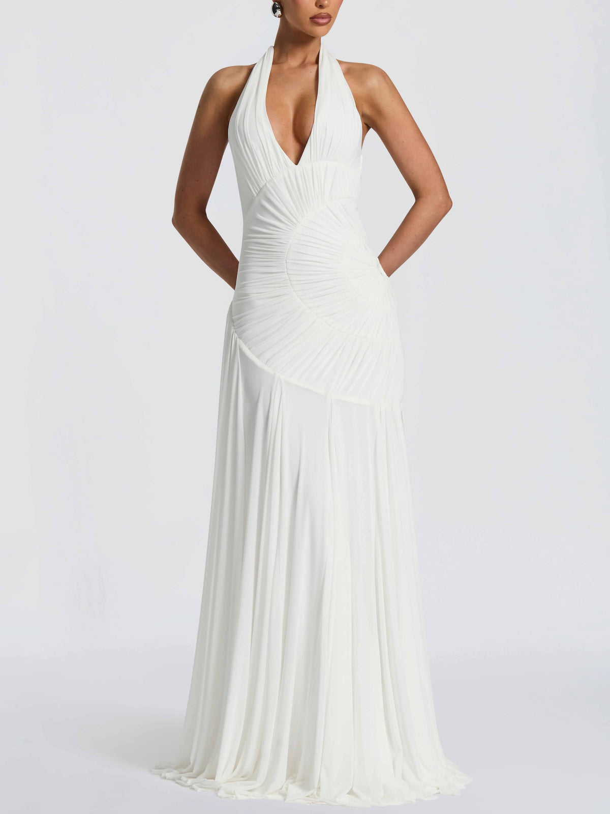 Elegant Halter Neck Ruched Pleated Maxi Dress