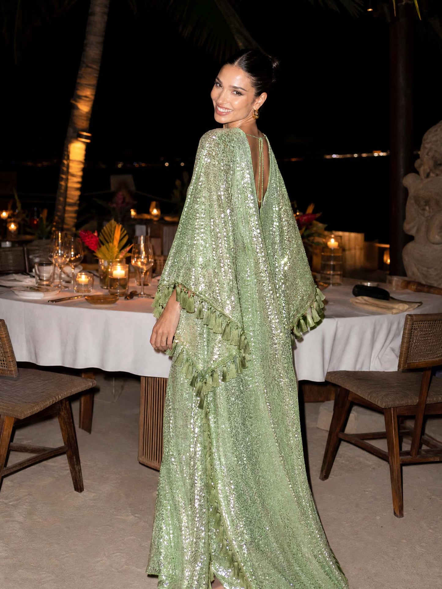 Sequin Deep V-Neck Fringe Kaftan Maxi Dress