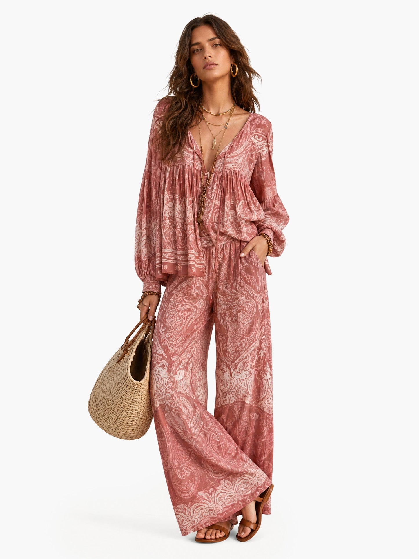 Bohemian Paisley Print Balloon Sleeve Blouse & Pants Two-Piece Set