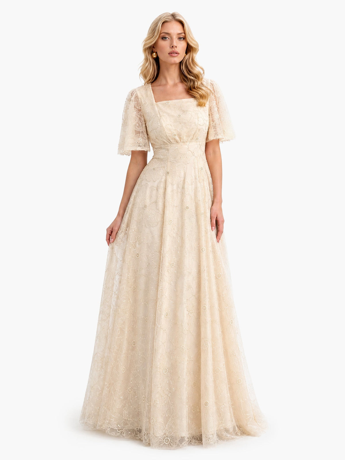 Elegant Square Neck Sheer Tulle Floral Embroidered Maxi Dress