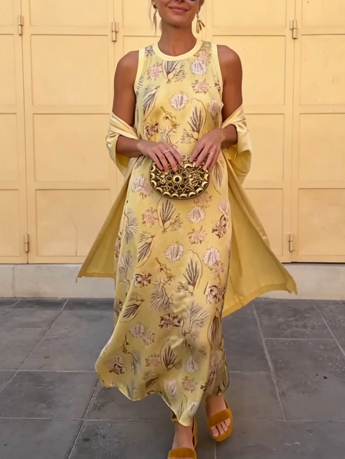 Elegant Botanical Print Sleeveless Midi Dress Two-Piece Set