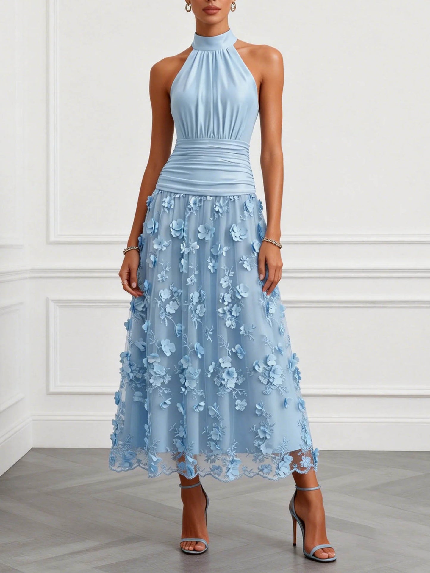 Elegant Halter Ruched 3D Floral Mesh Midi Dress