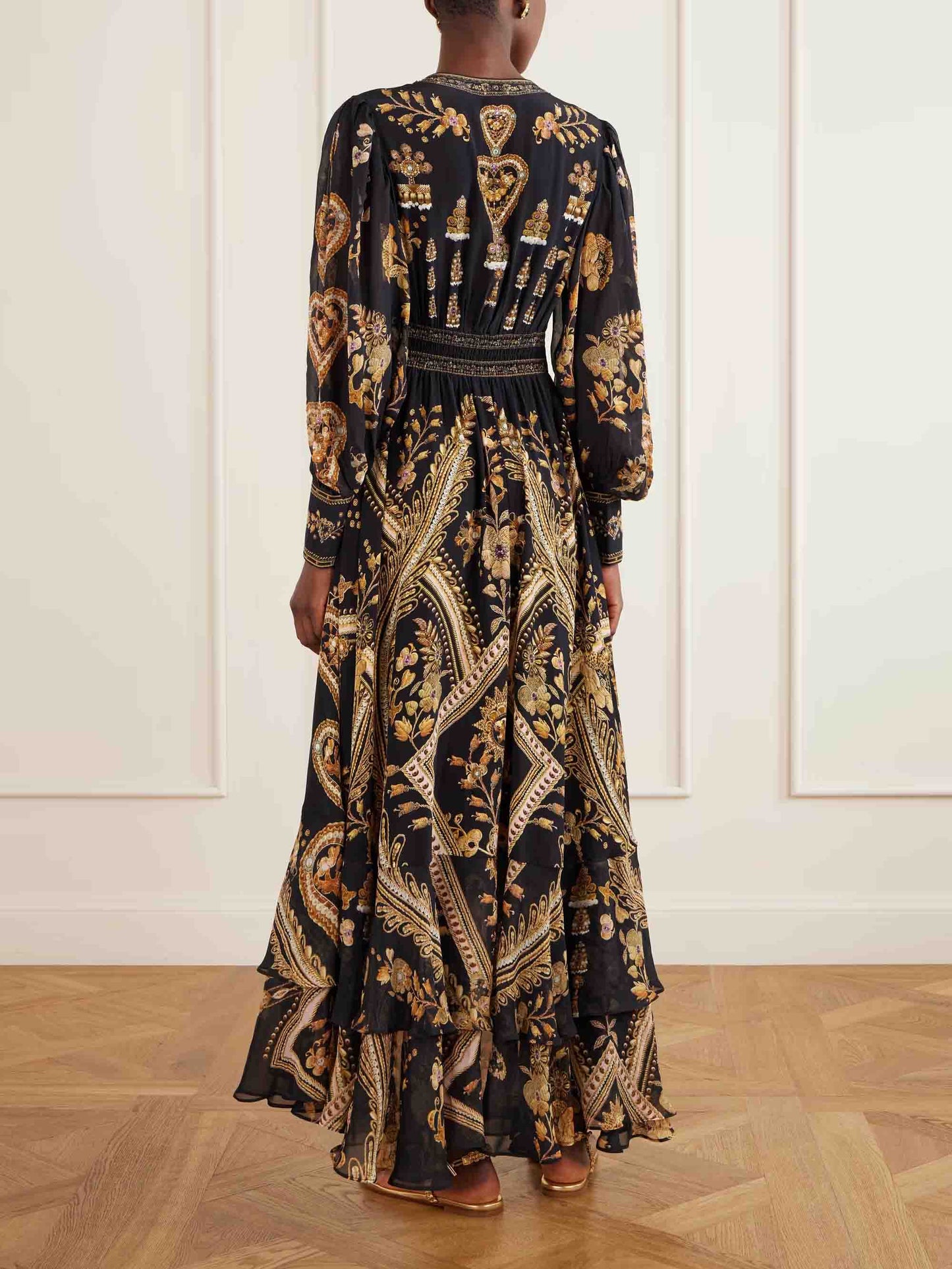 Retro Gold Print Puff Sleeve Ruffle Maxi Dress