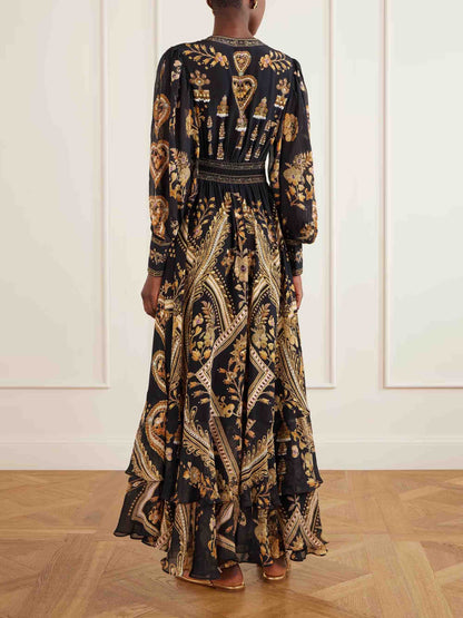 Retro Gold Print Puff Sleeve Ruffle Maxi Dress