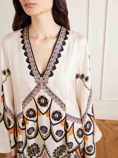 Retro Floral Geometric Print Satin Kaftan Maxi Dress