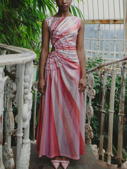Sequin Diagonal Stripe Cut-Out Waist Maxi Dress