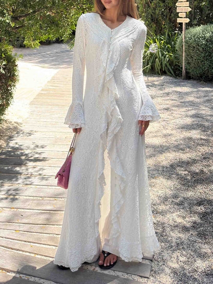 Elegant Ruffle Trim Long Sleeve Maxi Dress