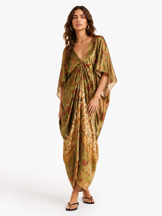 Retro Floral Print Satin Long Kaftan Dress
