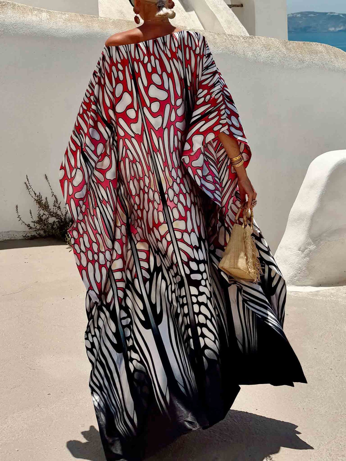 Abstract Print Off Shoulder Satin Kaftan Maxi Dress