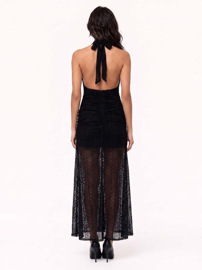 Elegant Deep V-Neck Cutout Lace Maxi Dress