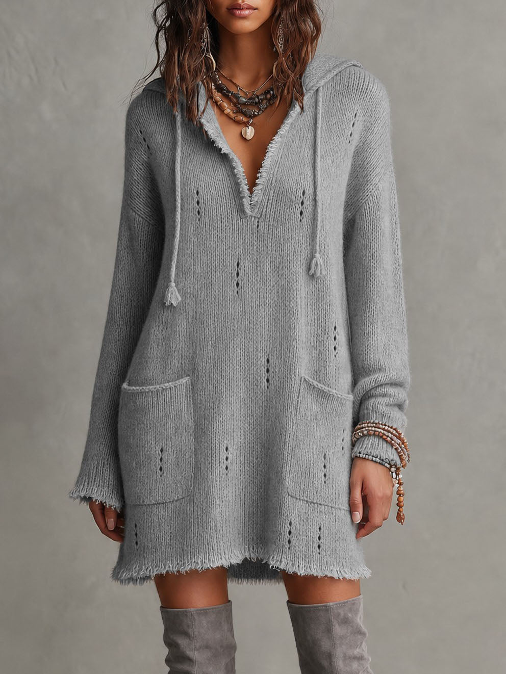 Casual Open-Knit Hooded Long Sleeve Mini Dress