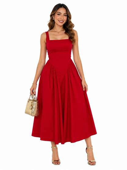 Elegant Red Square Neck Sleeveless Midi Dress