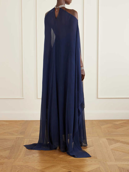 Elegant Halter Cape Chiffon Maxi Dress