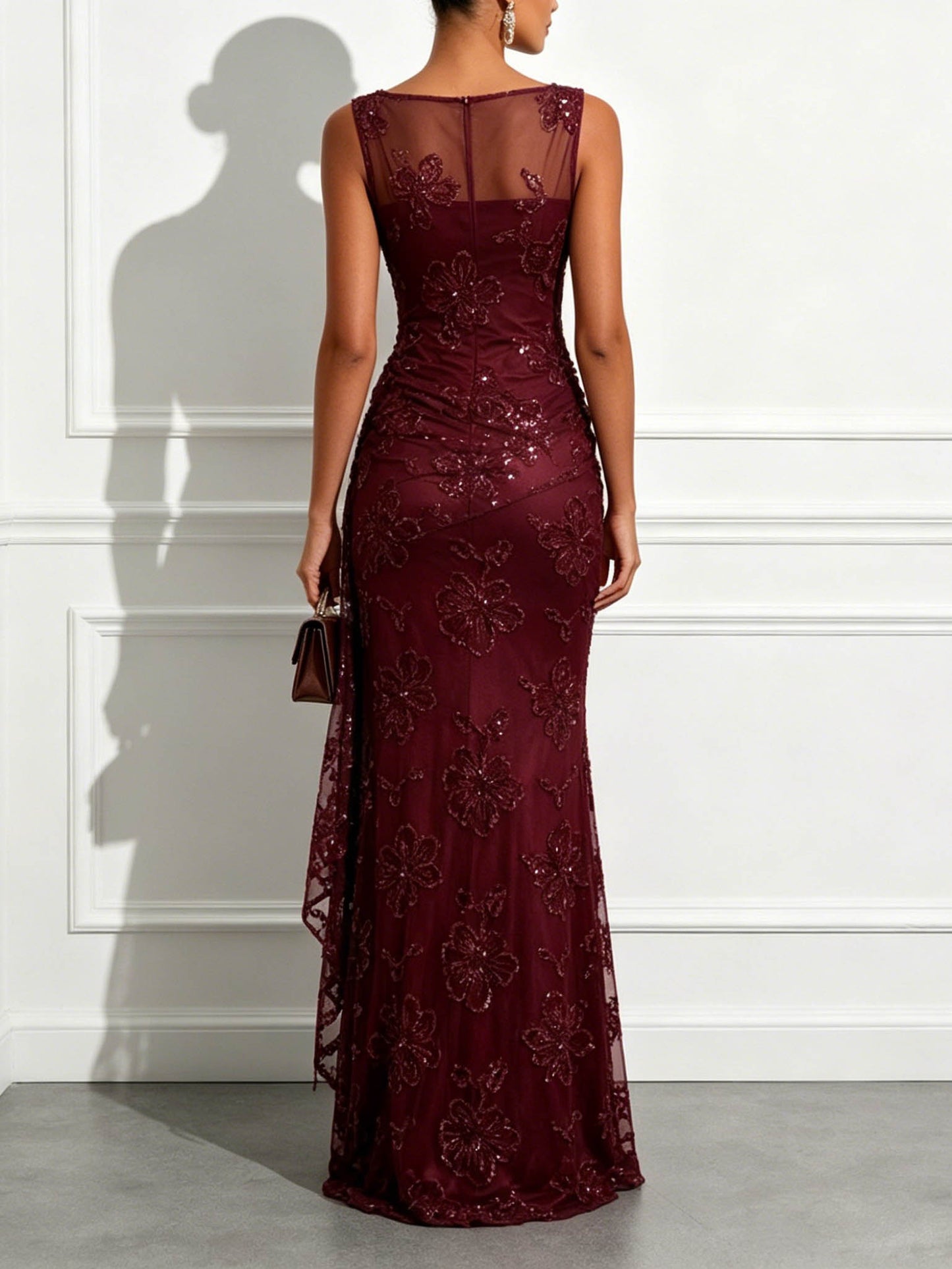 Elegant Floral Embroidered Mesh Ruched Maxi Dress