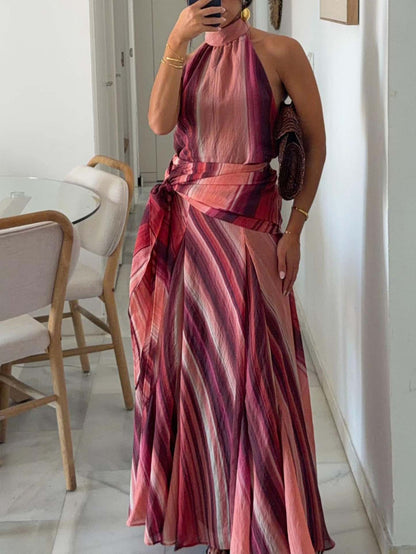 Elegant Striped Top & Wrap High-Waist Skirt Suit