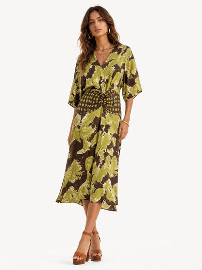 Casual Abstract Tie-Dye Print Kimono Sleeve Maxi Dress