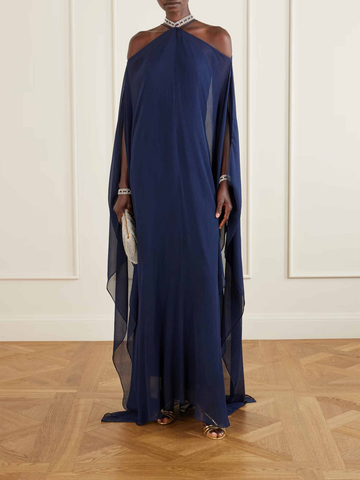 Elegant Halter Cape Chiffon Maxi Dress
