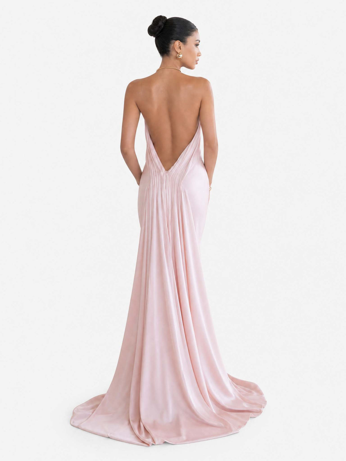 Elegant Halter-neck Draped Satin Train Maxi Dress