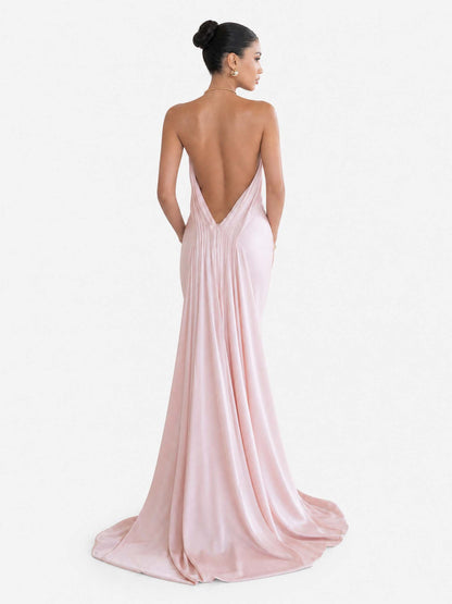 Elegant Halter-neck Draped Satin Train Maxi Dress