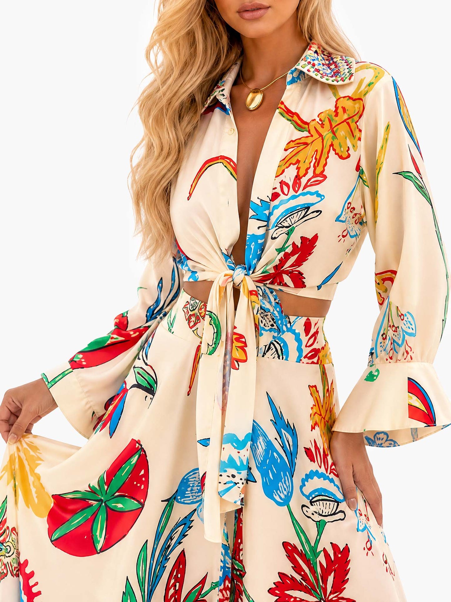 Retro Colorful Floral Print Tie-Front Shirt & Maxi Skirt Two-Piece Set