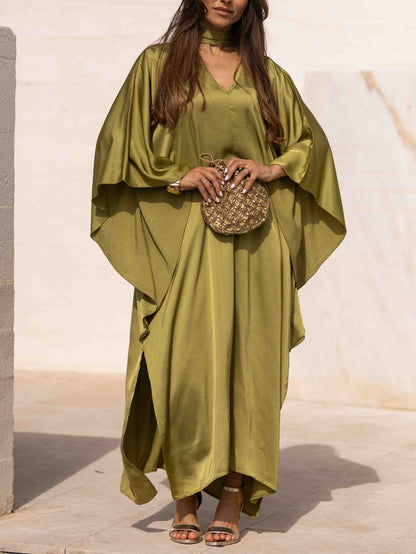 Elegant Satin Choker Neck Batwing Sleeve Kaftan Maxi Dress