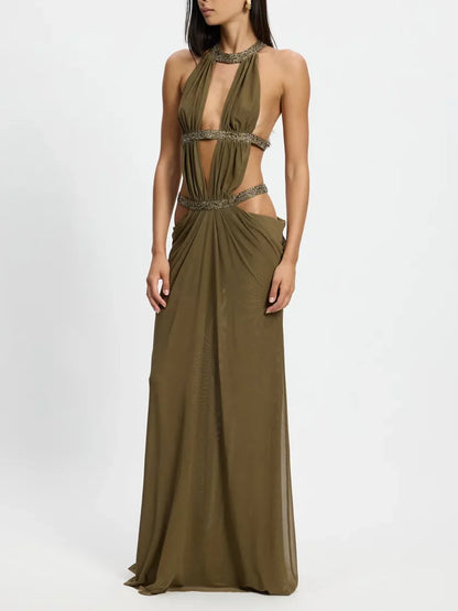Elegant Rhinestone Halter Cutout Draped Maxi Dress
