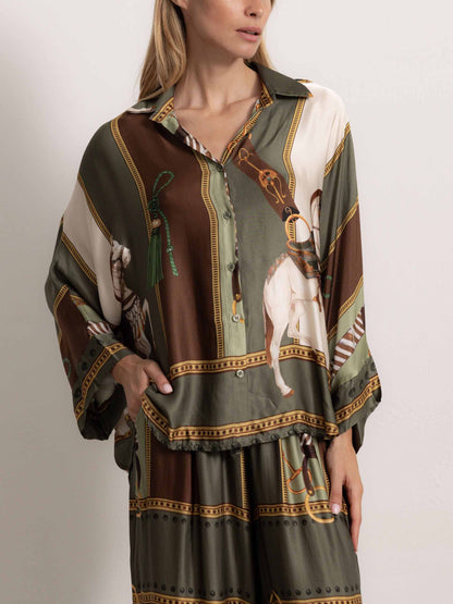 Retro Equestrian Print Shirt & Wide-Leg Pants Two-Piece Set