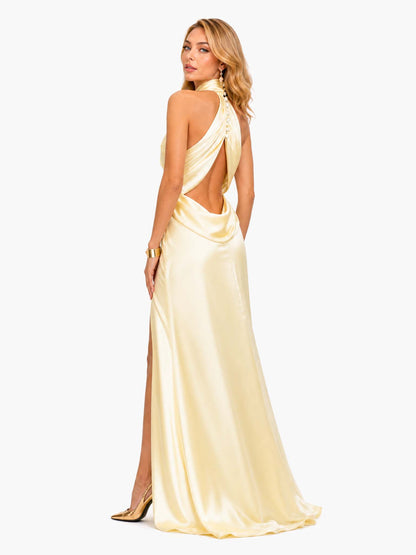 Elegant halter backless ruched high slit satin maxi dress
