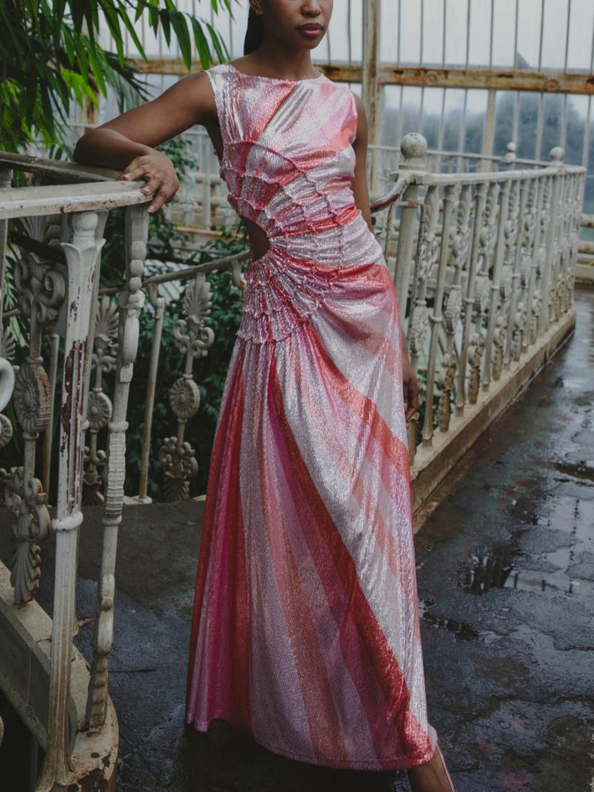 Sequin Diagonal Stripe Cut-Out Waist Maxi Dress
