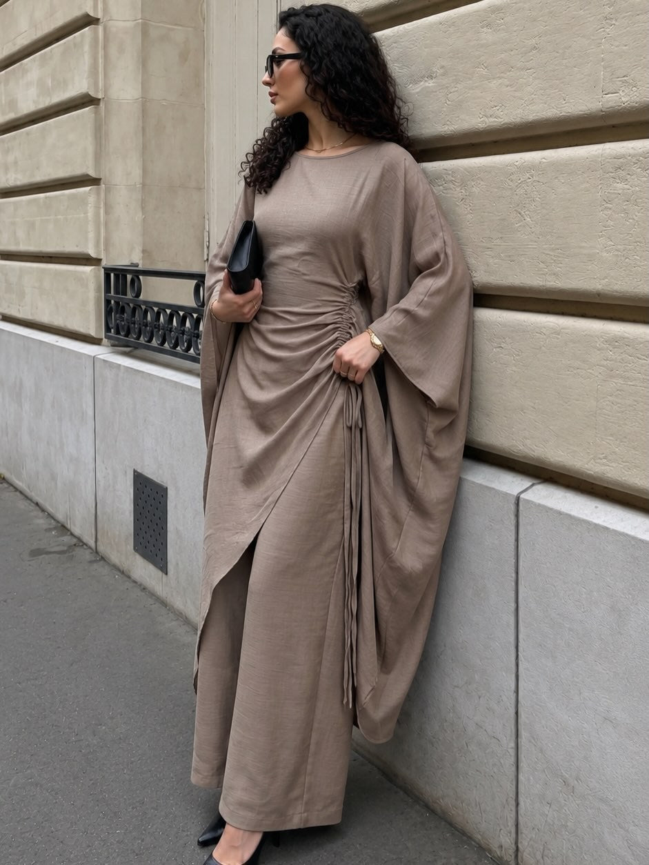 Batwing Sleeve Side Drawstring Tunic Top & Wide‑Leg Pants Two‑Piece Set