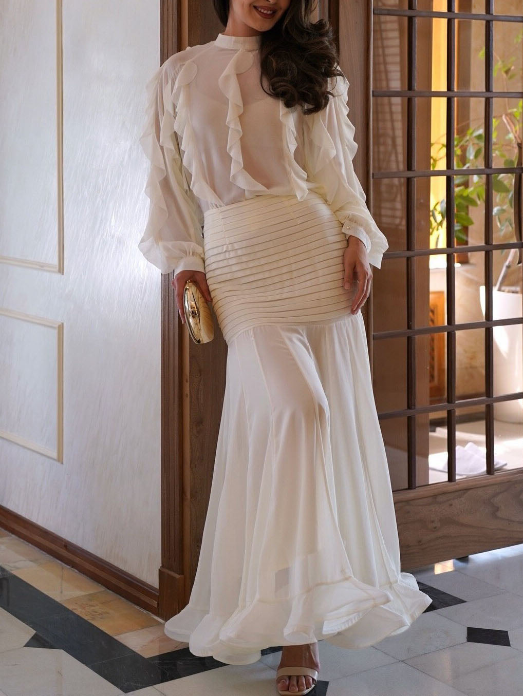 Elegant Ruffle Top & Ruched Mermaid Maxi Skirt Two-Piece Set