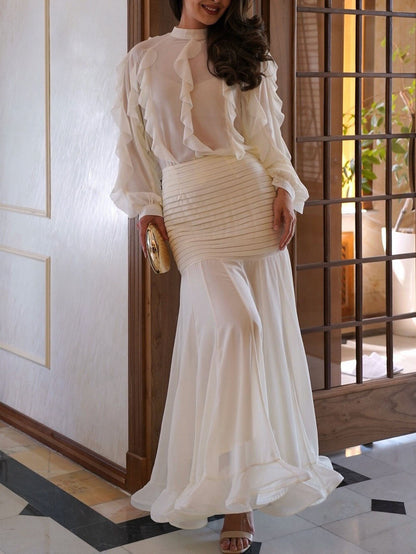 Elegant Ruffle Top & Ruched Mermaid Maxi Skirt Two-Piece Set