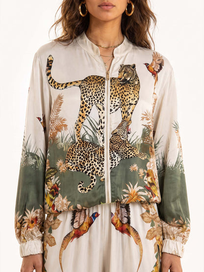 Exotic Jungle Print Zip-Up Long Sleeve Shirt