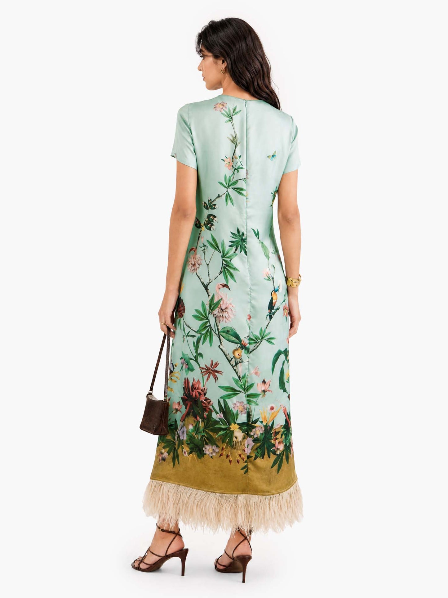 Retro Chic Printed Feather Trim Maxi Dress