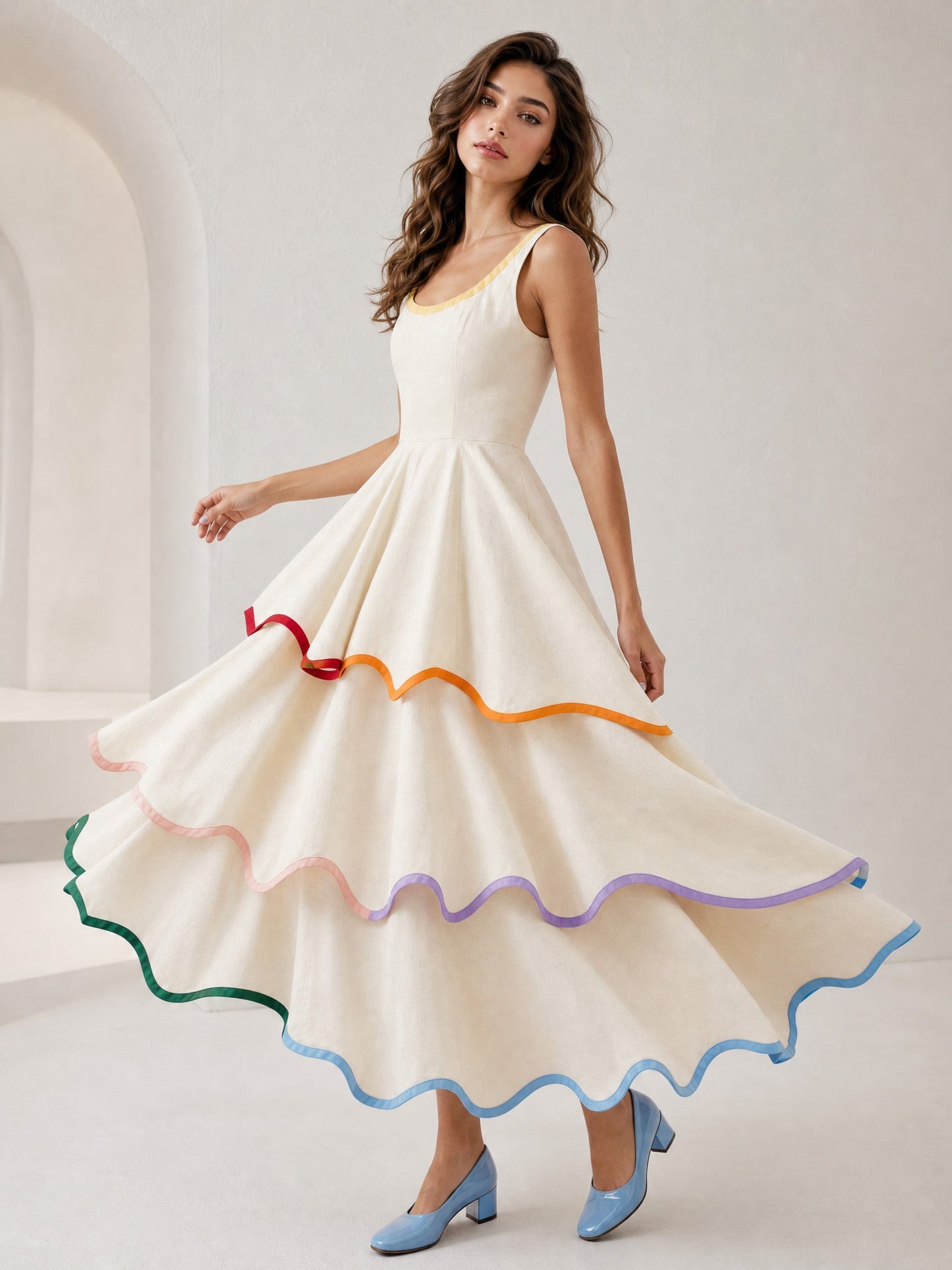 Elegant Color Trim Tiered Ruffle Sleeveless Maxi Dress