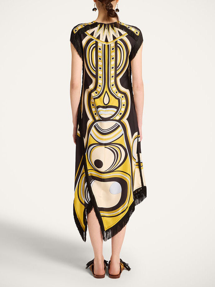 Retro Geometric Print Fringe Trim Asymmetrical Midi Dress