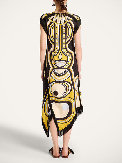 Retro Geometric Print Fringe Trim Asymmetrical Midi Dress