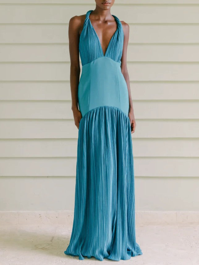 Elegant Backless Deep V-Neck Ruched Maxi Dress