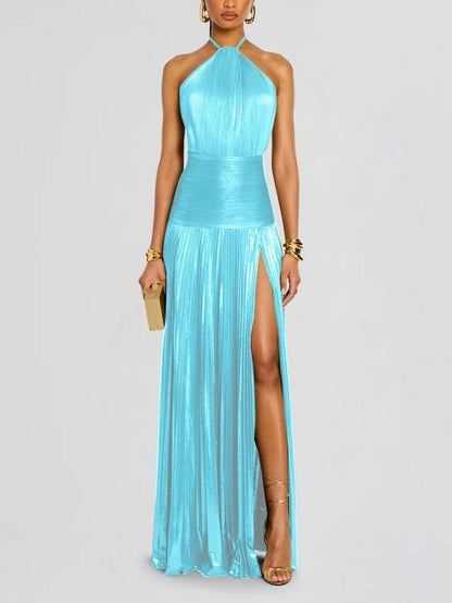 Elegant Metallic Pleated Halter Neck Maxi Dress