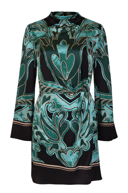 Baroque Print Mock Neck Silk Mini Dress