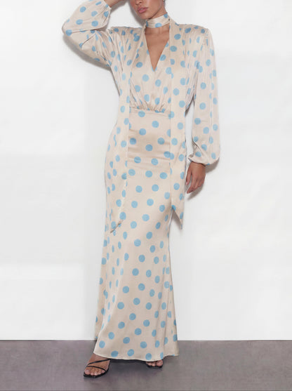 Elegant Polka Dot Blouse & Maxi Skirt Two-Piece Set