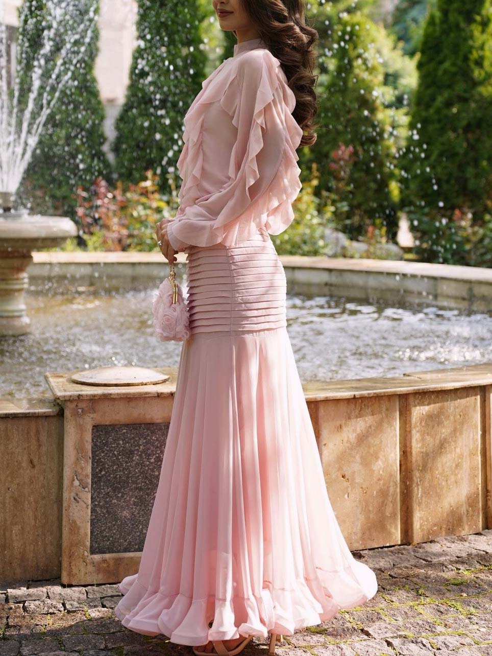Elegant Ruffle Top & Ruched Mermaid Maxi Skirt Two-Piece Set