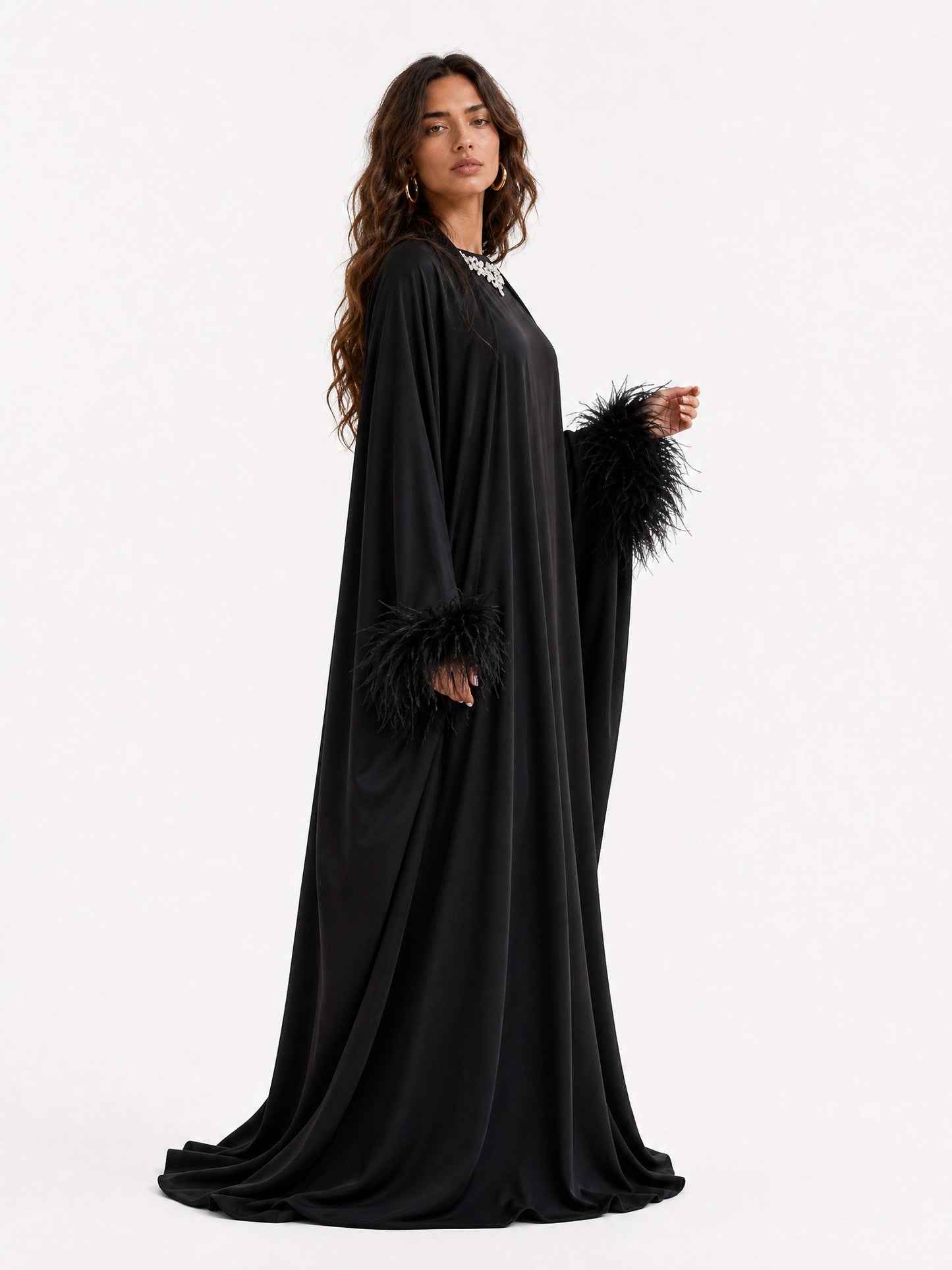 Elegant Feather-Trim Long Cardigan & Maxi Dress Set