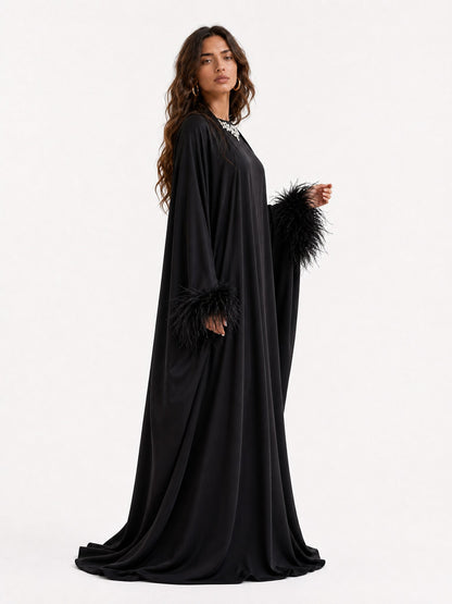 Elegant Feather-Trim Long Cardigan & Maxi Dress Set
